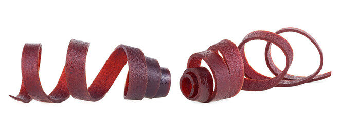 Natural and healthy snack food - fruit pastille from apples, raspberry and currant on a white background. Fruit Marshmallow. Fruit pastille rolls.