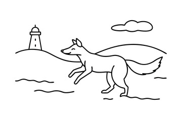 Happy fox running near lighthouse coastal scene line art illustration