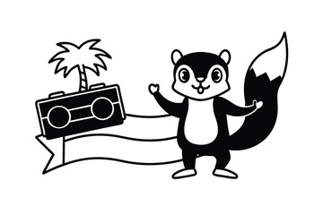 Cute cartoon squirrel with retro camera and palm tree on banner