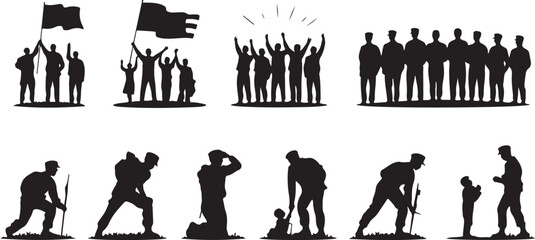 Set of soldier silhouette. Warriors on the expedition, battlefield. Memorial day, independence day, patriot day. Vector black illustration on white background