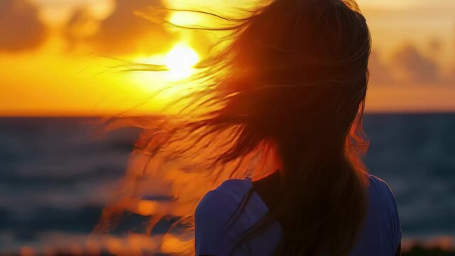 Female enjoying a sunset by the ocean while flicking her hair in slow motion, Slow motion shot of a female flicking her hair whilst watching the sunset over the ocean