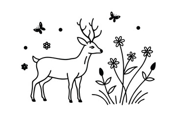 Deer in a wildflower meadow springtime nature illustration