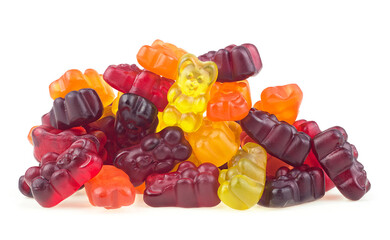 Multicolored jelly bears - jelly candies or gummy bears candies isolated on a white background. Pile of jelly candies.