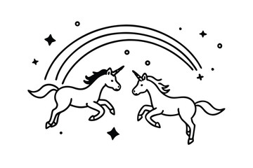 Two unicorns leaping underneath a rainbow with stars