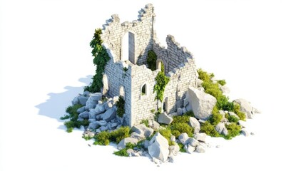 A weathered stone ruin overgrown with greenery, showcasing the beauty of nature reclaiming human structures.