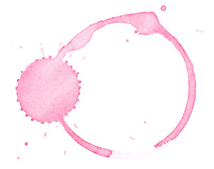 Red wine stain isolated on a white background, top view. Red wine ring and drops.