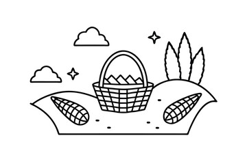 Picnic basket in a sunny field with corn and plants