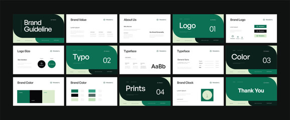 Brand guidelines template, brand identity presentation, green branding, geometric, modern and clean design, Logotype guidelines template for eco, sustainable, health, nature, finance, organic,