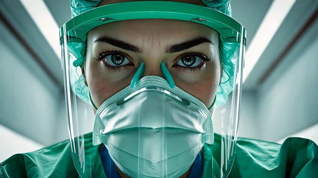 Close-up of female healthcare worker wearing protective mask, face shield, and surgical gown in hospital corridor with intense focused eyes

