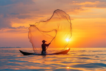 A fisherman casting a net into the sea silhouette
