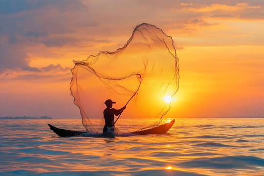 A fisherman casting a net into the sea silhouette