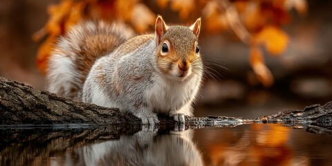 Squirrel drinking water near a tranquil pond surrounded by autumn foliage in a forest during mid-afternoon