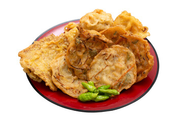 Fried food gorengan bakwan, Bala-bala, Tahu isi and tempeh with chili fritters Indonesian street food