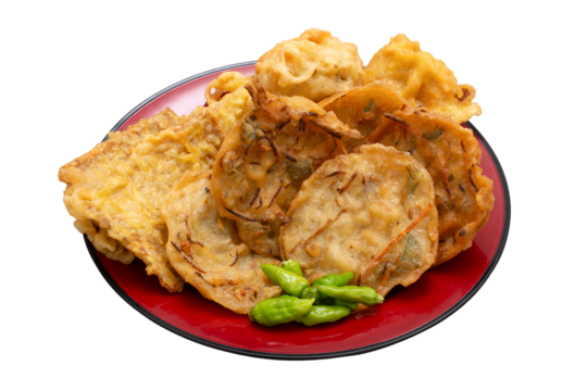 Fried food gorengan bakwan, Bala-bala, Tahu isi and tempeh with chili fritters Indonesian street food