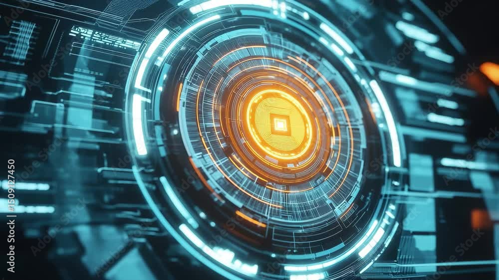 Poster futuristic advanced technology background featuring glowing circular holograms with intricate design