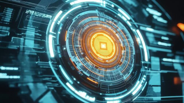 Futuristic advanced technology background featuring glowing circular holograms with intricate designs, sci fi futuristic advanced technology background, animated hud screen