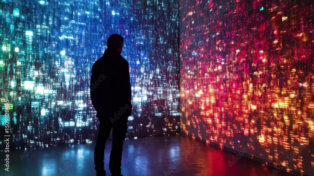 Poster digital data stream reflects vibrant colors in interactive art installation featuring silhouette of 