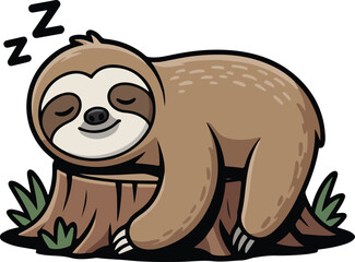cartoon sloth sleeping on brown stump
