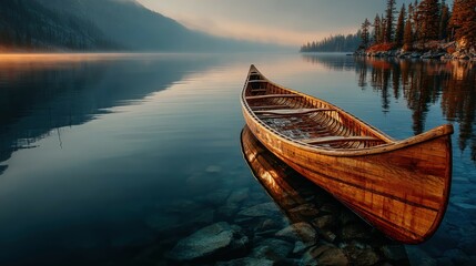 Obraz premium Sleek canoe resting on calm reflective river in tranquil natural setting