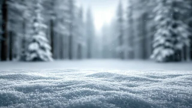 A serene winter landscape featuring a snow-covered ground and frosted trees, evoking tranquility and pure beauty.