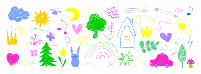 Naklejka premium Colorful vector illustration featuring a cute kid style sketch drawn by hand with crayon, pencil, and chalk. 
