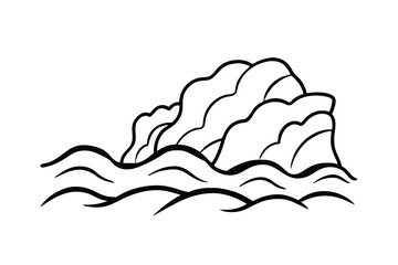 Ocean waves crashing against rocky coastline simple line art illustration