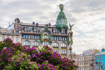 Spring Petersburg. The famous bookstore on Nevsky Prospekt, St. Petersburg, Russia (historical inscription 