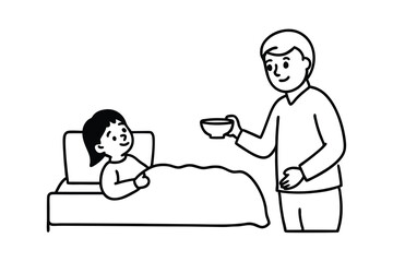Father caring for sick child in bed giving soup