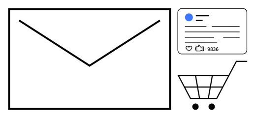 Envelope symbolizing email, social media interface with thumbs ups and user engagement, shopping cart for e-commerce activities. Ideal for email marketing, social media strategy, online business