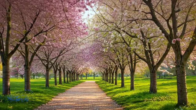 Blossom-lined path in the springtime.  Beautiful view