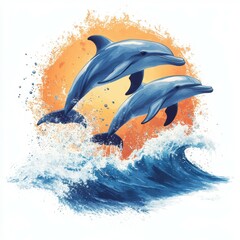 Dolphins leap gracefully above the vibrant waves under a glowing sunset in a lively ocean environment