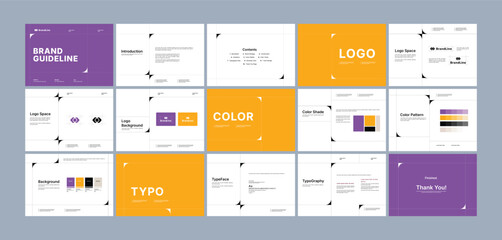 Brand guidelines template, Landscape brand identity presentation, purple orange, modern, and clean design, Logotype guidelines template for creative agency, design studio, brand consultant
