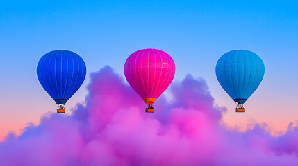 Fototapeta premium Three Pixel Art Hot Air Balloons Soaring Above Pink Clouds at Sunset