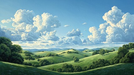 Fototapeta premium Lush green hills under a vast, cloudy sky.