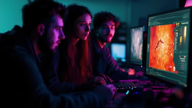 Young mixed ethnicity game design team collaborating in a dimly lit creative workspace, Young mixed ethnicity computer game design team working together in dark office
