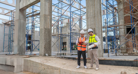 A team of engineers consults and plans the construction of the building. The architect, supervisor, and foreman meet to discuss the design of the building,working at site of a large building project