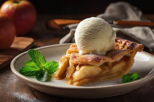 Apfelkuchen mit Vanilleeis traditionelles Dessert hausgemachter gedeckter Apfelkuchen mit Zimt und Zucker serviert mit Kugel Vanilleeis Apfelpie amerikanische und deutsche K&uuml;che S&uuml;&szlig;speise