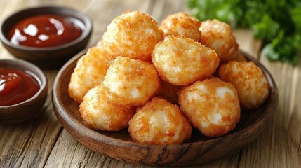 Crispy, golden-brown bites, piled high on a plate, with dipping sauces