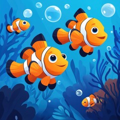 Fototapeta premium Colorful clownfish swimming among vibrant coral reefs in a clear blue ocean