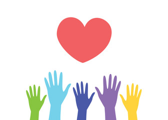 Five colorful hands lifted toward a large red heart, expressing unity, compassion, and charitable efforts.