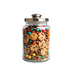 Glass jar filled with assorted cookies and colorful candies creates delightful and inviting treat