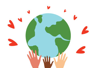 Illustration of multicultural hands lifting the planet surrounded by red hearts, symbolizing global unity, care, and peace.