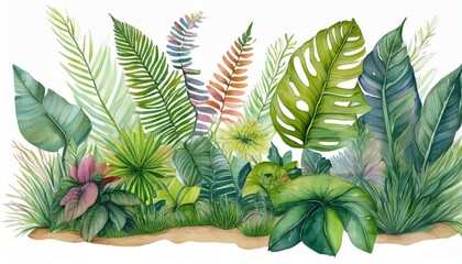 watercolor illustration of prehistoric tropical plants including leaves grass and bushes suitable for nursery decor stickers and notebook prints