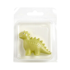 Small green dinosaur toy is displayed in clear plastic blister pack, showcasing its cute design and playful features