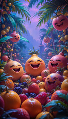 Fototapeta premium Happy Cartoon Fruits in a Tropical Paradise