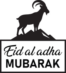 eid al adha mubarak greeting text with goat silhouette on mountain vector illustration for greeting card, poster and banner.