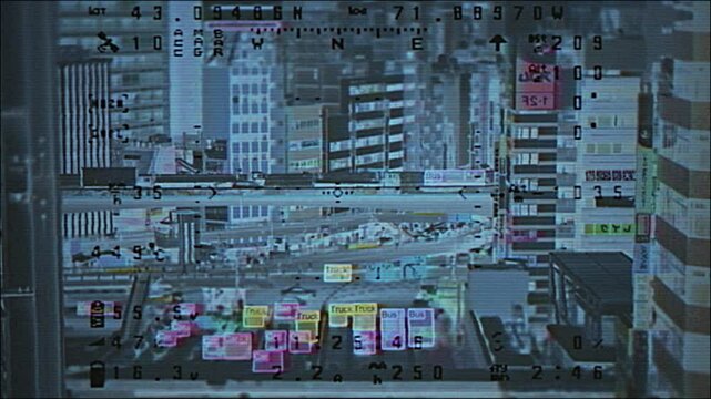 4K City traffic tracked by AI surveillance system with color-coded detection boxes, cyber HUD interface, CRT pixel distortion glitch scanlines, motion graphics overlay, screen mode, urban monitoring