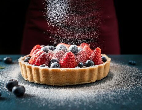 delicious fruit tart topped with strawberries blueberries and raspberries is being dusted with powdered sugar scene is mouthwatering
