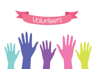 Vibrant image featuring raised hands in various colors and a pink ribbon labeled Volunteers, representing diversity and teamwork.