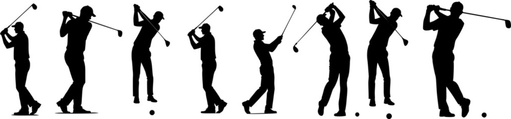 Golf Player Silhouettes Swinging Clubs &ndash; Vector Illustration of Male Golfers in Action Poses, Black and White Isolated Sports Concept for Golfing Design